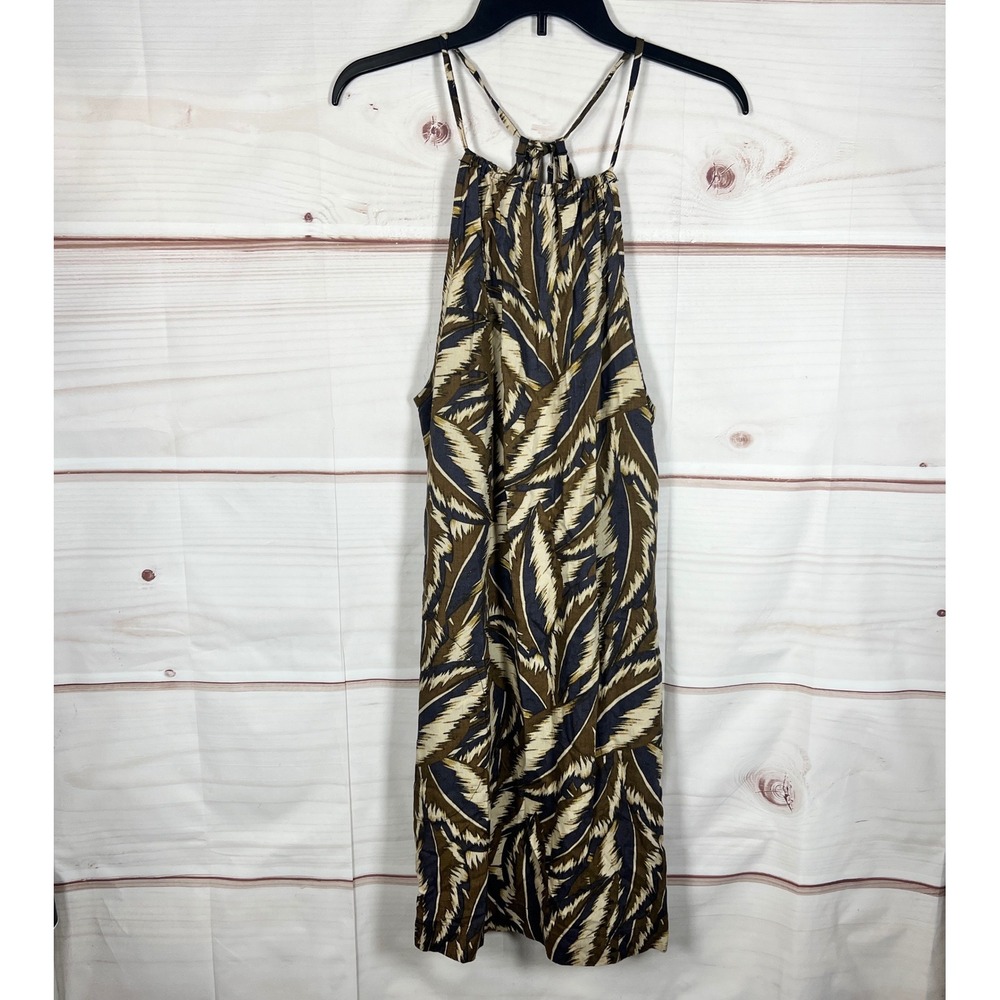 Prana A-Line Dress Womens Medium Brown Leaf Print Tencel Hemp Pockets Sleeveless